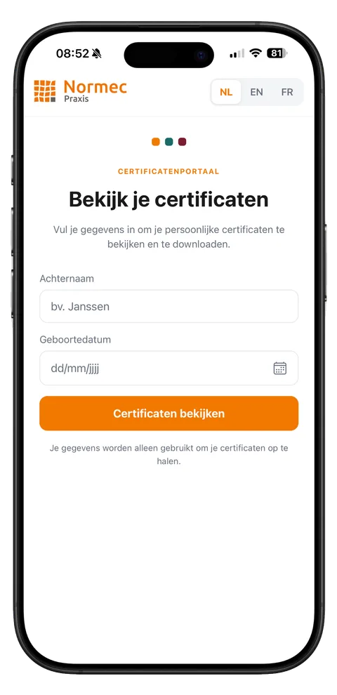 Inlogscherm van CertProof met velden voor achternaam en geboortedatum